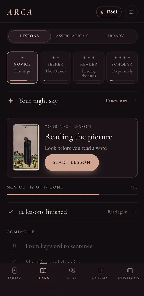 Arca's Learn screen: lessons, your next lesson and progress