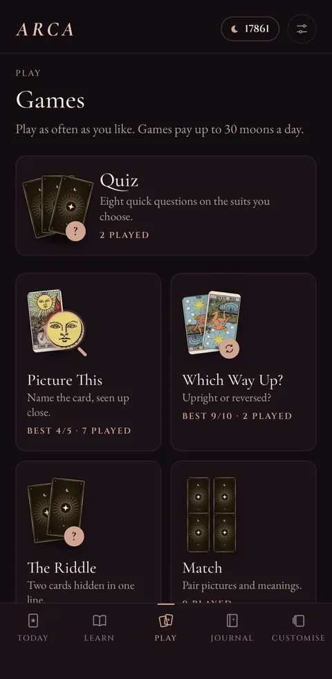 Arca's Play screen: tarot games including a quiz and match
