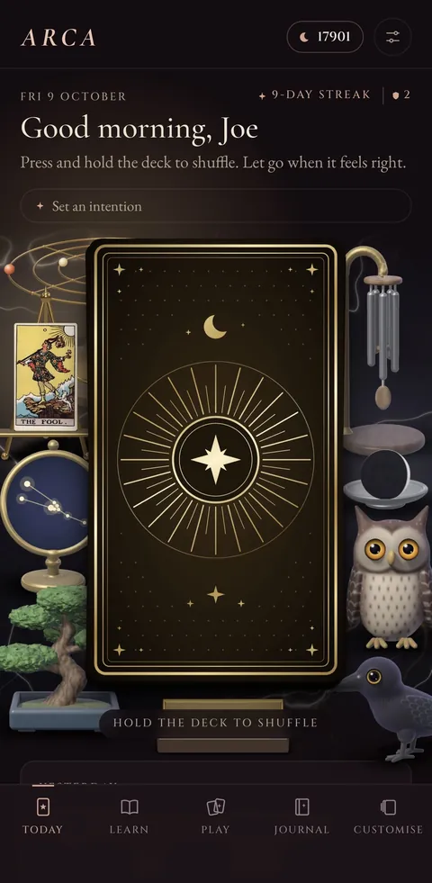 Arca's Today screen: shuffle the deck to draw your daily card