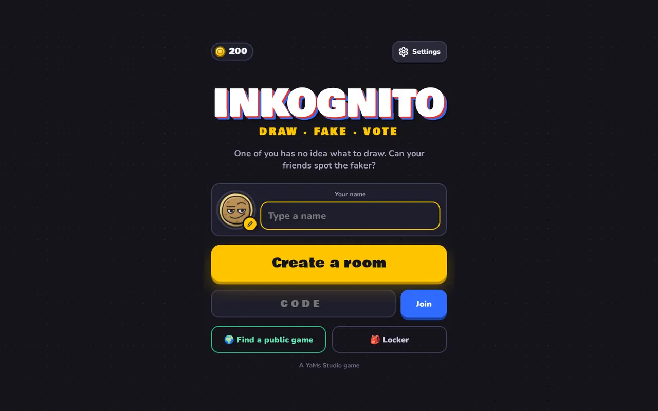 Screenshot of the Inkognito game start screen on a desktop screen