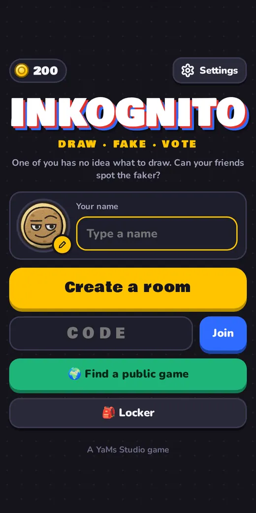 Screenshot of the Inkognito game start screen on a phone