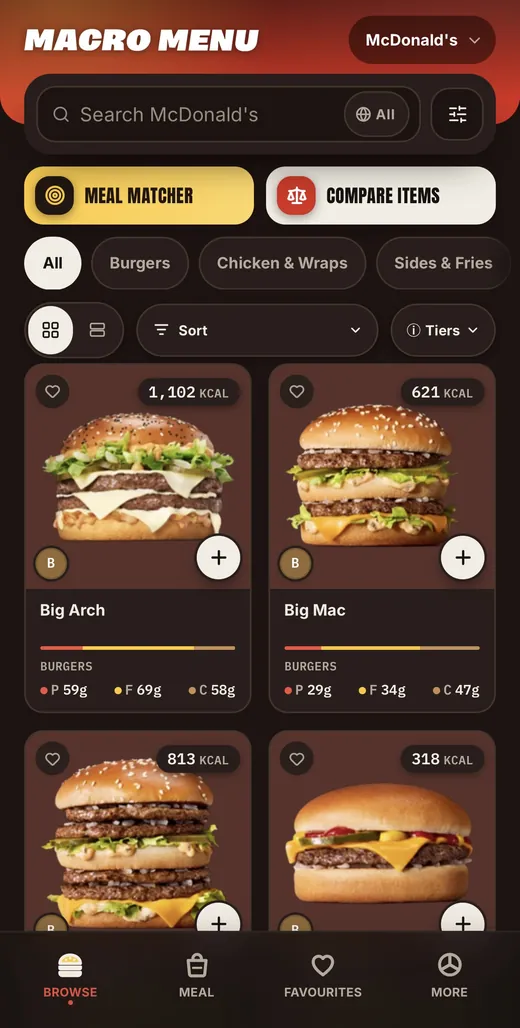Screenshot of the Macro Menu app on a phone